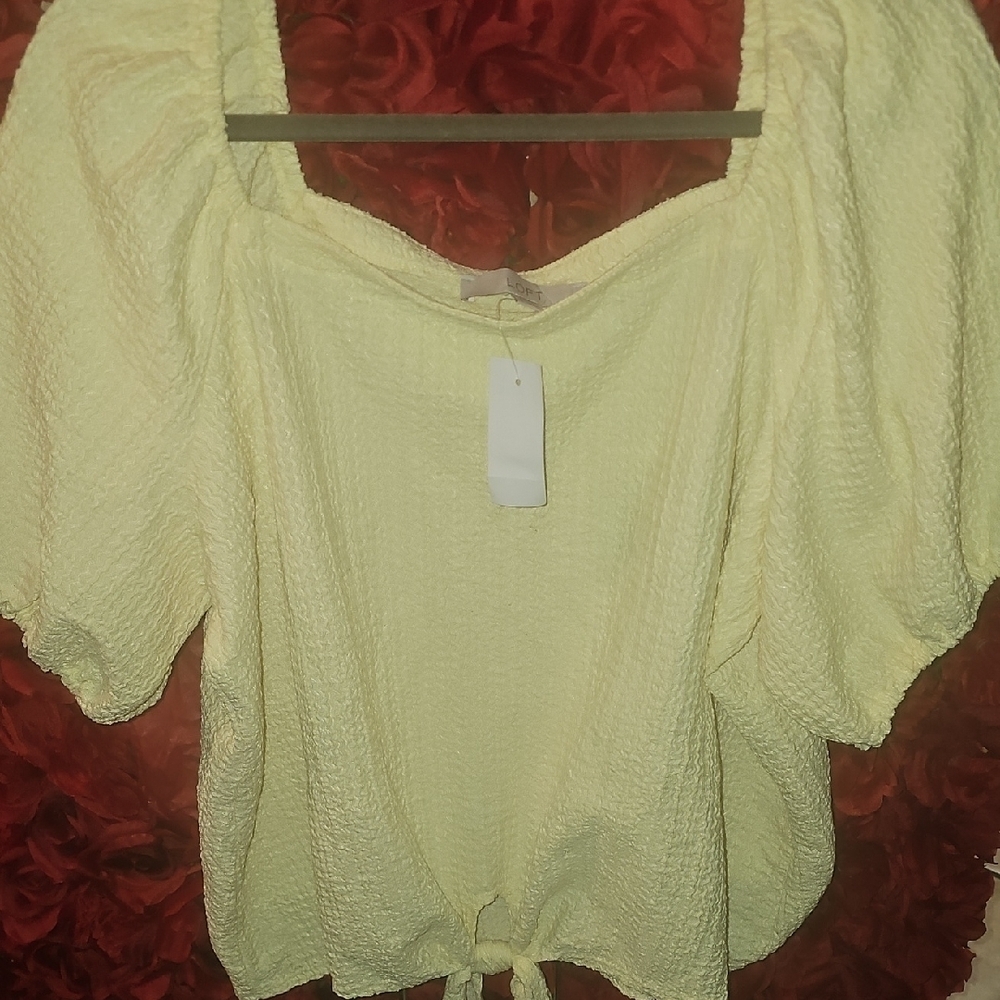 LOFT NWT Women's Light Yellow Puff Sleeve Blouse Tie Front Size XLarge